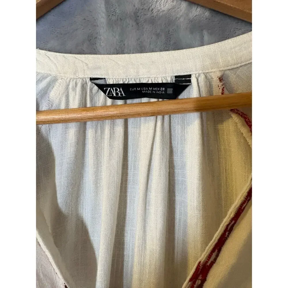 ZARA Embroidered Peasant Puff Sleeve Top M Bohemian Boxy Oversized Casual Blouse